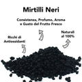 Infografica 'Mirtilli Neri': consistenza e aroma del frutto fresco, ricchi di antiossidanti, naturali al 100%