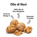 Infografica 'Olio di Noci': fonte di Omega 3, 100% olio di noci biologiche, spremuto a freddo, su gherigli e noci intere