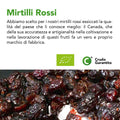 Pannello 'Mirtilli Rossi': coltivati e lavorati in Canada, con primo piano dei frutti essiccati