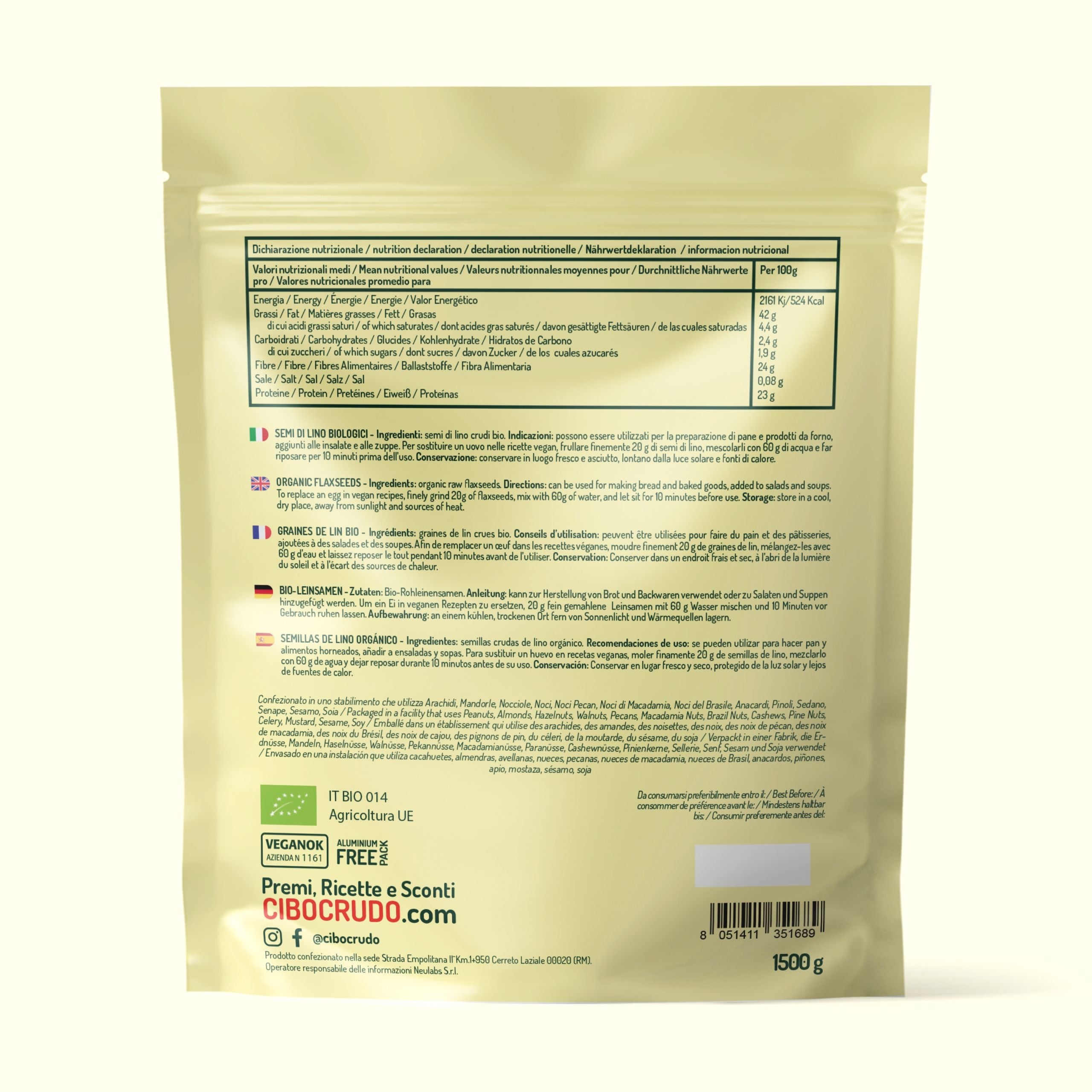 Retro della confezione da 1500 g dei Semi di lino crudi bio Cibo Crudo, con valori nutrizionali e provenienza UE