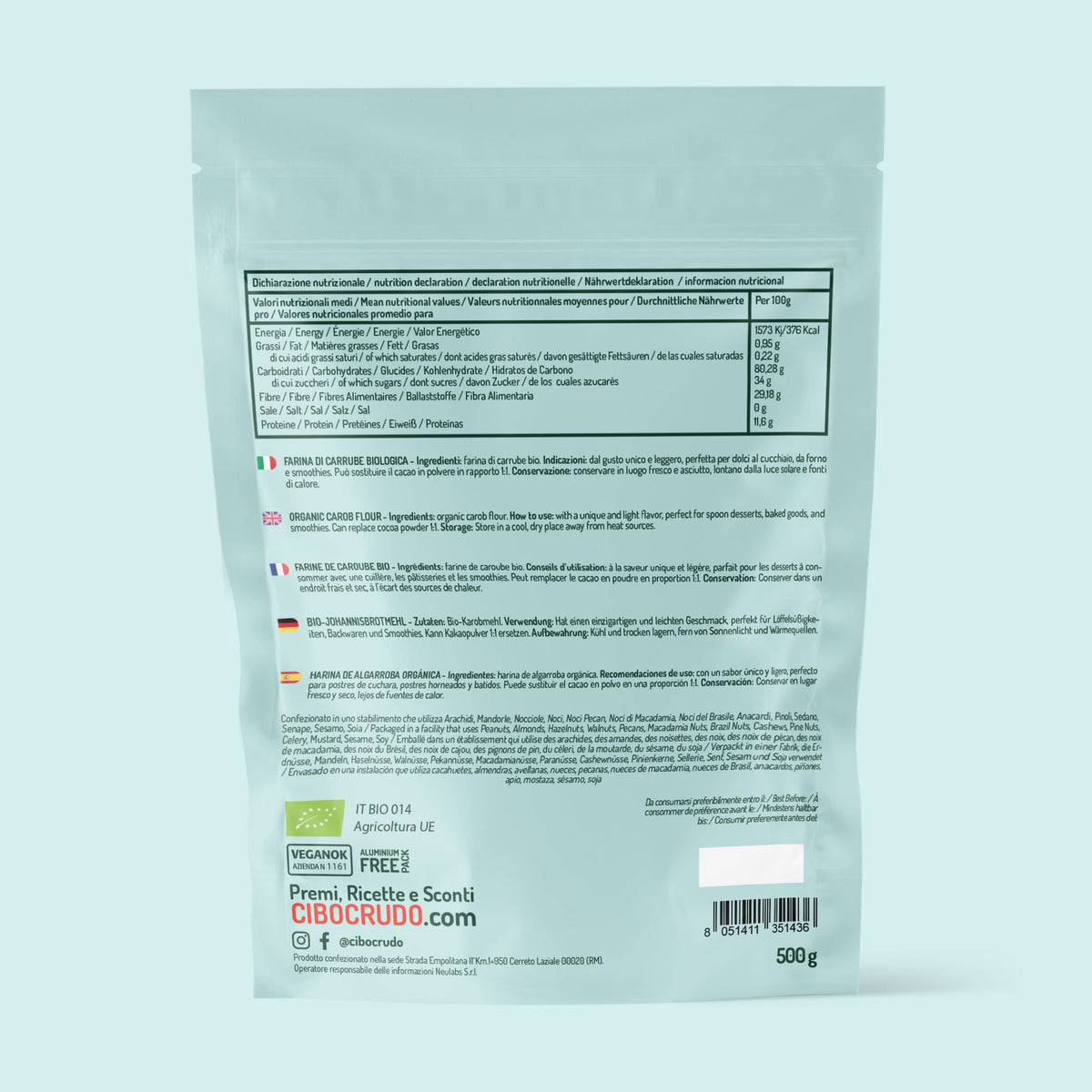 Retro della confezione da 500 g della Farina di carrube Cibo Crudo, con valori nutrizionali