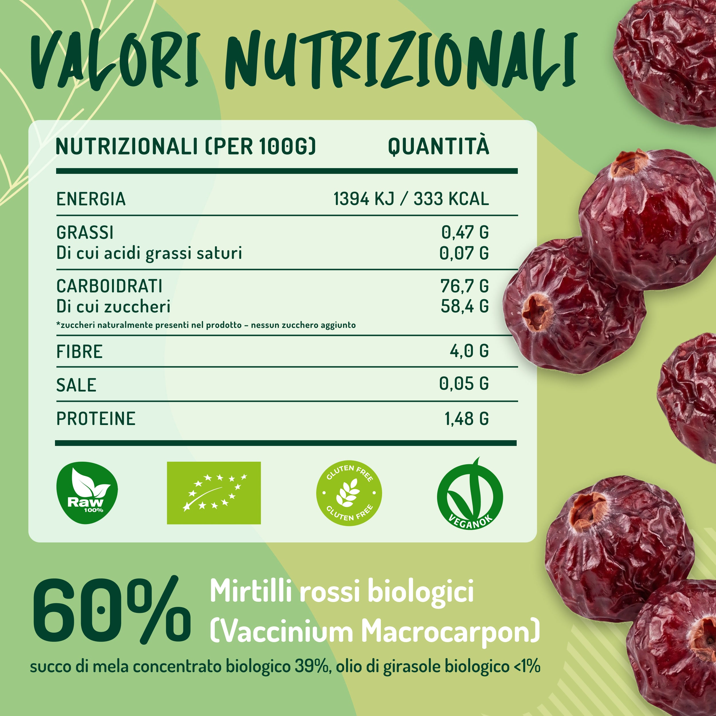 Mirtilli Rossi essiccati Bio
