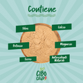 Infografica 'Contiene': fibre, calcio, potassio, magnesio, ferro e antiossidanti naturali, su ciotola di farina