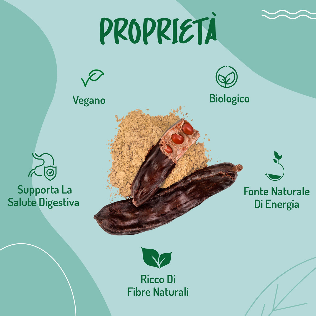 Pannello 'Proprietà': vegana, biologica, supporta la salute digestiva, fonte naturale di energia, ricca di fibre