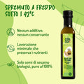 Infografica 'Spremuto a freddo sotto i 42°C': nessun additivo, lavorazione minimale, semi di sesamo biologici al 100%