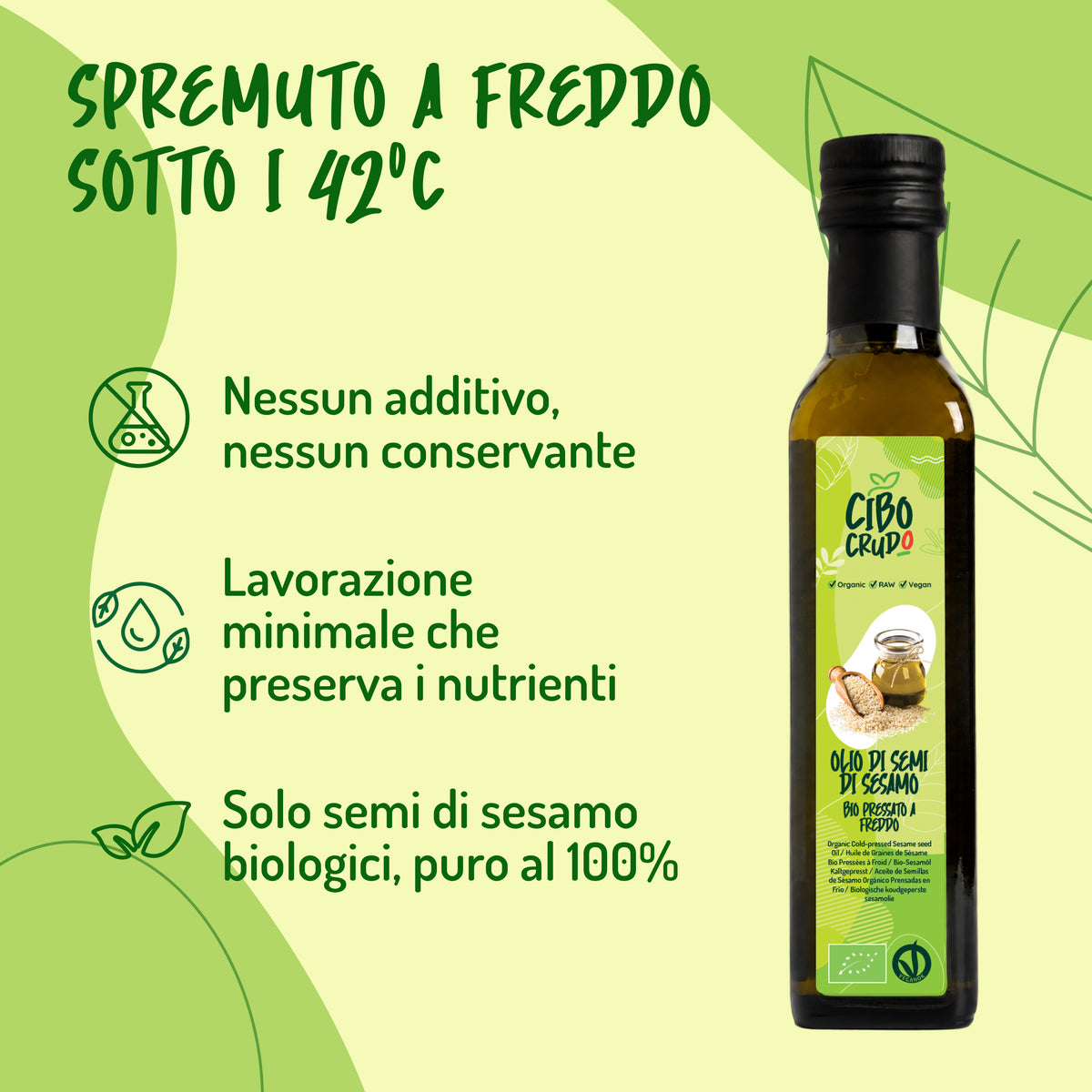 Infografica 'Spremuto a freddo sotto i 42°C': nessun additivo, lavorazione minimale, semi di sesamo biologici al 100%