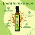 Infografica 'I Benefici dell'Olio di Sesamo': antiossidanti, vitamine E e K, calcio, ferro e grassi di qualità