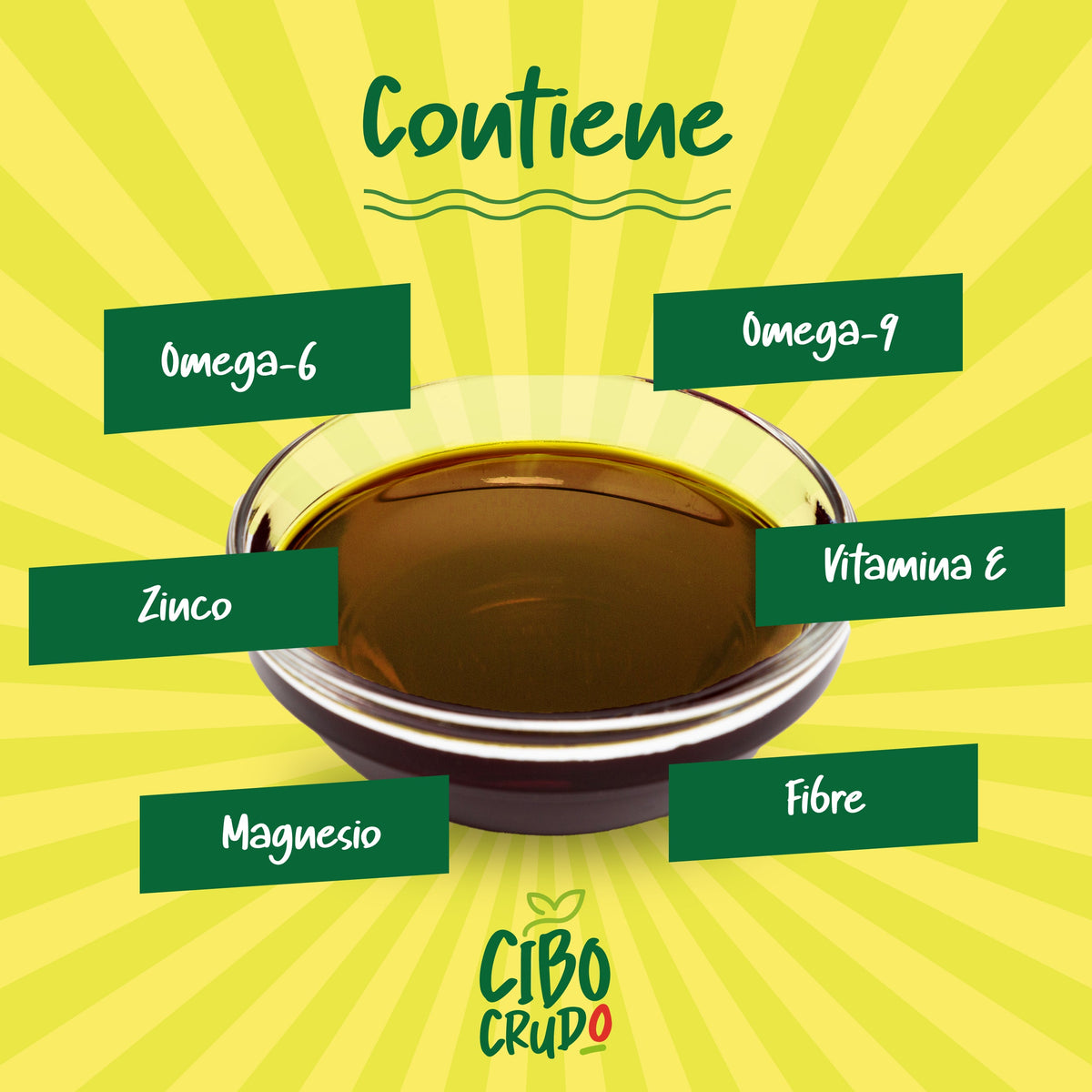Infografica 'Contiene': omega-6, omega-9, zinco, vitamina E, magnesio e fibre, con ciotolina di olio