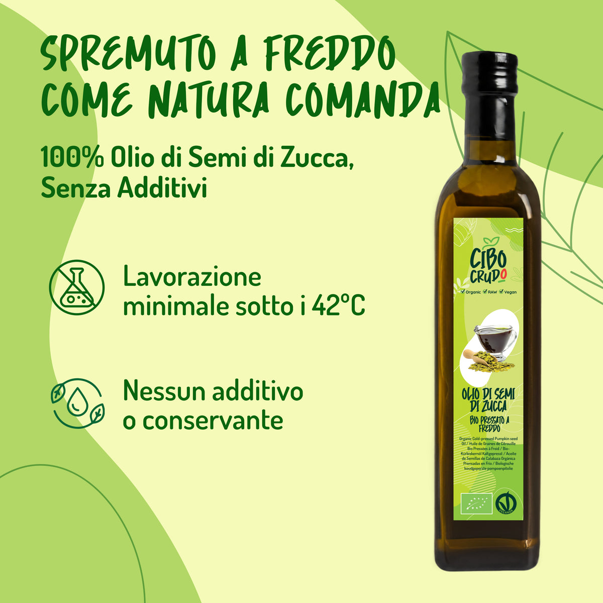 Infografica 'Proprietà': vegano, biologico, senza conservanti, crudo, ricco di antiossidanti naturali