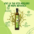 Infografica sul processo produttivo dell'Olio di semi di zucca: raccolta semi, pulizia, spremitura a freddo e filtrazione