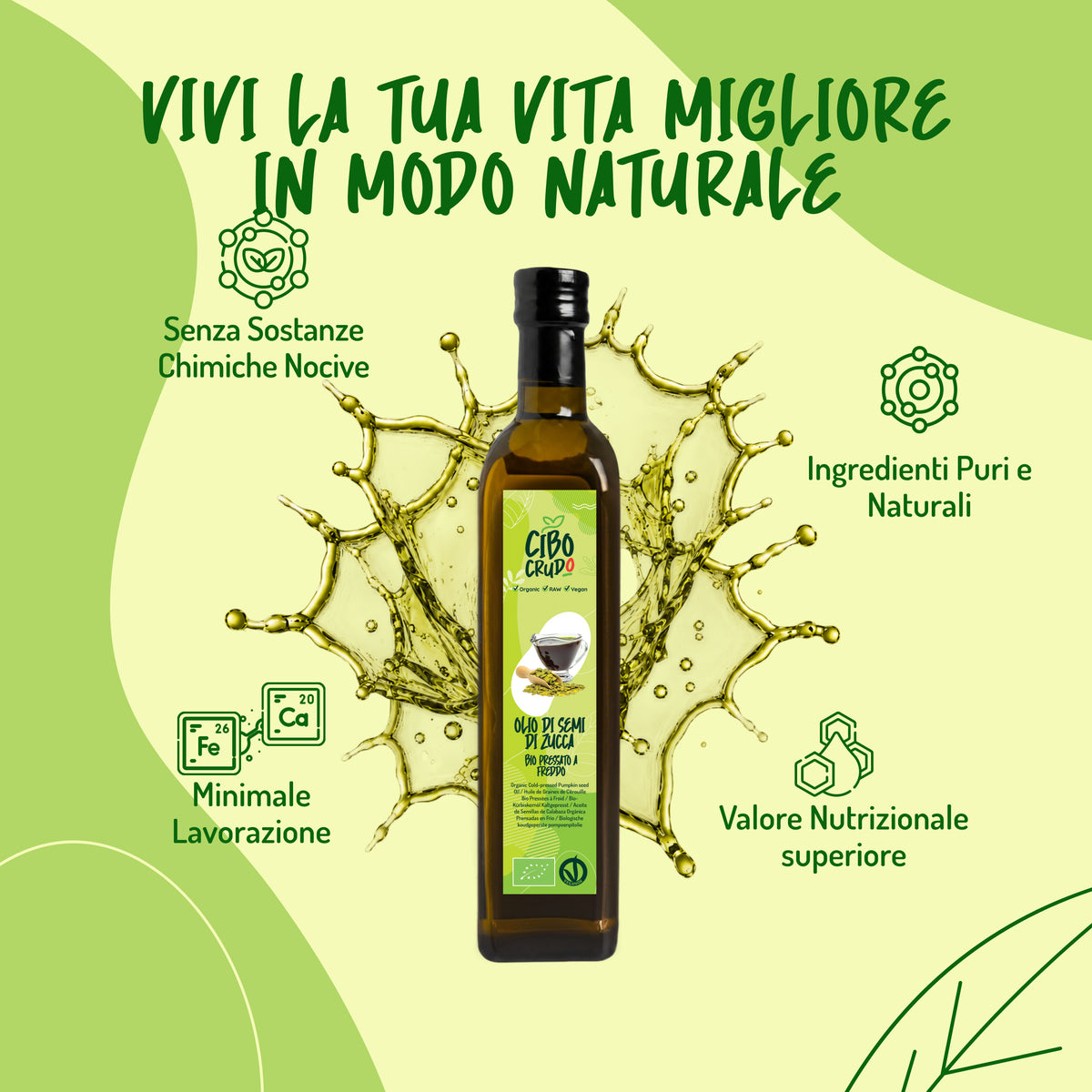 Infografica sul processo produttivo dell'Olio di semi di zucca: raccolta semi, pulizia, spremitura a freddo e filtrazione