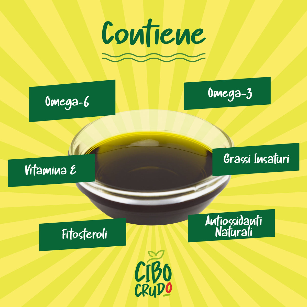 Infografica 'Contiene': omega-6, omega-3, vitamina E, grassi insaturi, antiossidanti naturali e fitosteroli