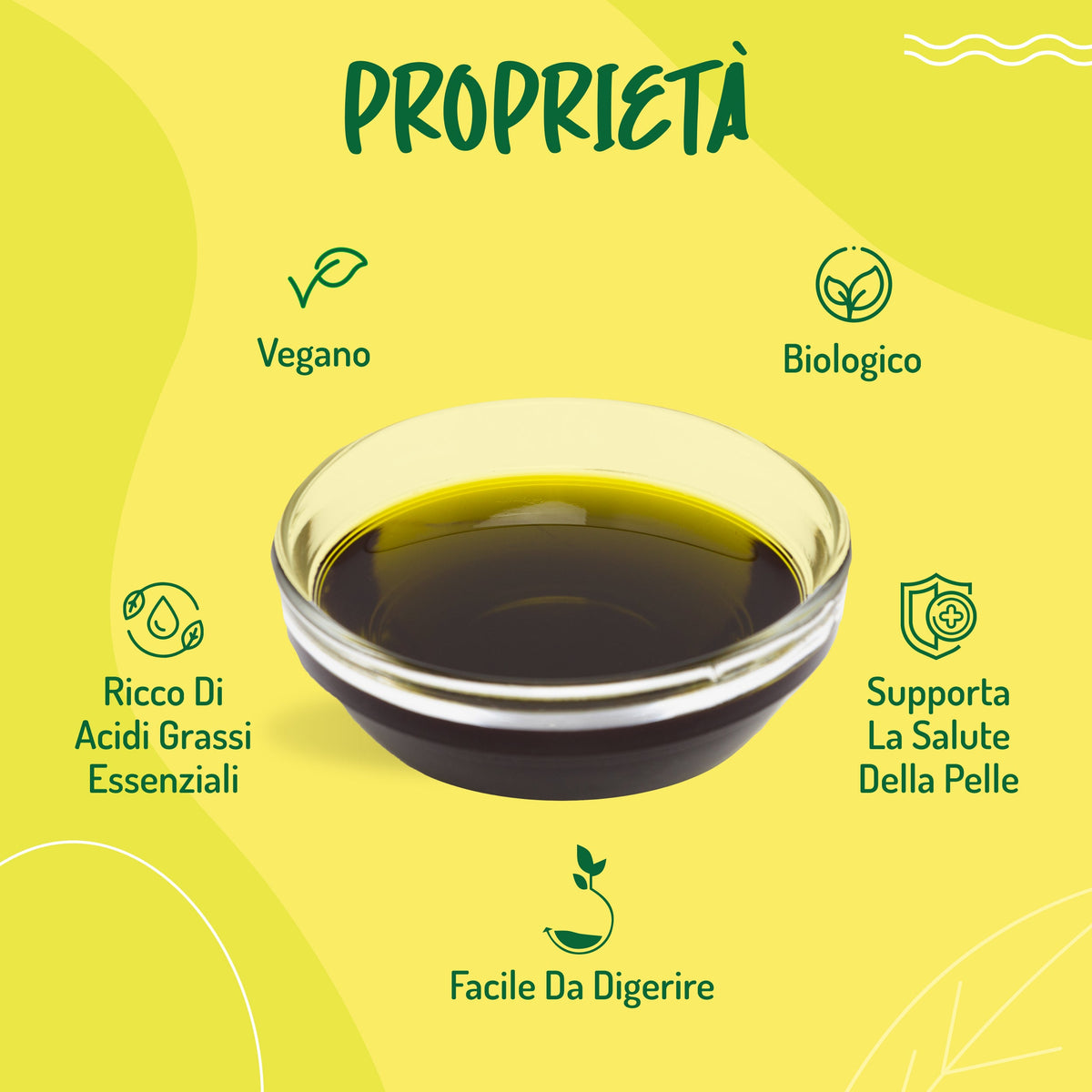 Infografica 'Proprietà': vegano, biologico, ricco di acidi grassi essenziali, facile da digerire