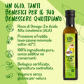 Infografica 'Un olio, tanti benefici': Omega-3, ALA, pressione a freddo sotto 42°C, senza additivi, biologico certificato