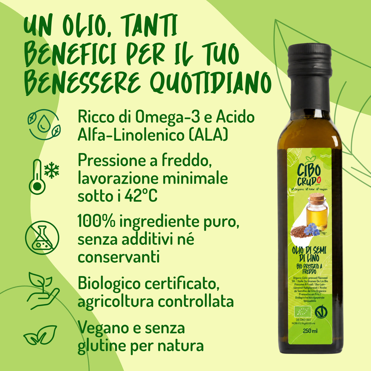 Infografica 'Un olio, tanti benefici': Omega-3, ALA, pressione a freddo sotto 42°C, senza additivi, biologico certificato