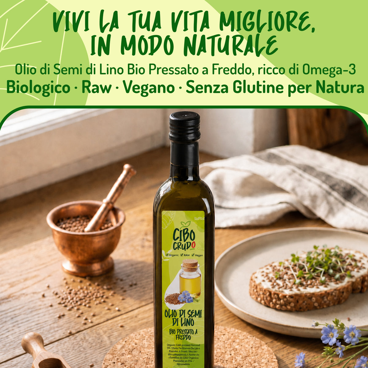 Infografica 'Vivi la tua vita migliore': olio di semi di lino bio ricco di Omega-3, su tavolo di legno con pane e semi