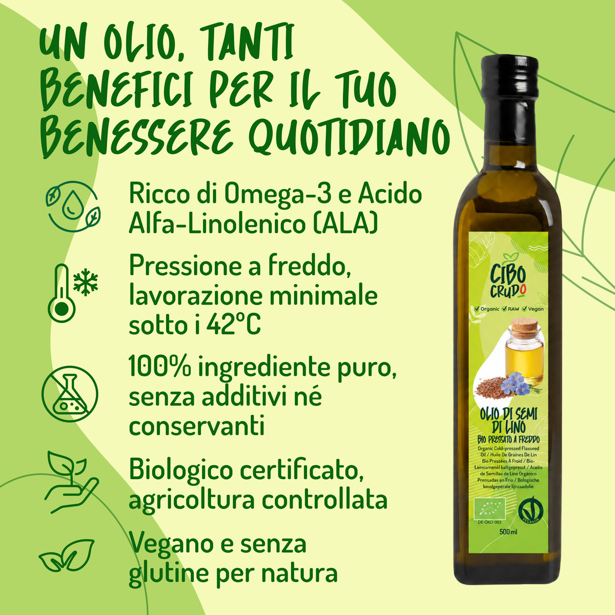 IInfografica 'Un olio, tanti benefici': Omega-3, ALA, pressione a freddo sotto 42°C, senza additivi, biologico certificato