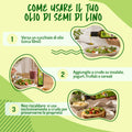Infografica 'Come usare il tuo olio di semi di lino': versare un cucchiaio, aggiungere a crudo, non riscaldare