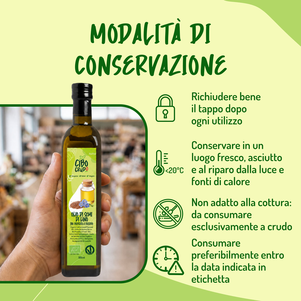 Infografica 'Modalità di conservazione': richiudere il tappo, conservare al fresco, non cuocere, consumare entro scadenza