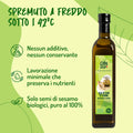 Infografica 'Spremuto a freddo sotto i 42°C': nessun additivo, lavorazione minimale, semi di sesamo biologici al 100%