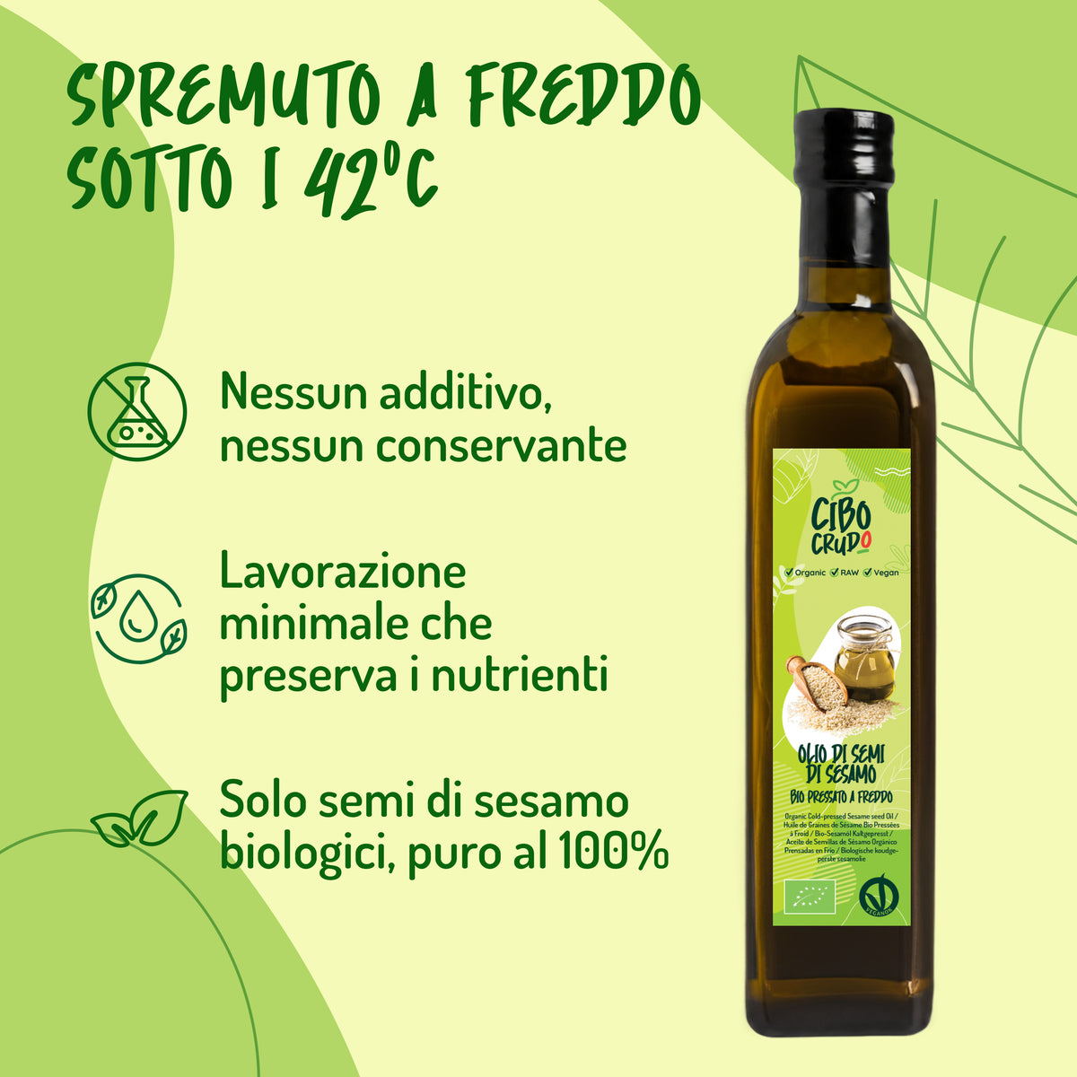 Infografica 'Spremuto a freddo sotto i 42°C': nessun additivo, lavorazione minimale, semi di sesamo biologici al 100%