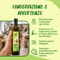 Infografica 'Conservazione e Avvertenze': chiusura, conservazione al fresco, allergene sesamo e consumo entro scadenza