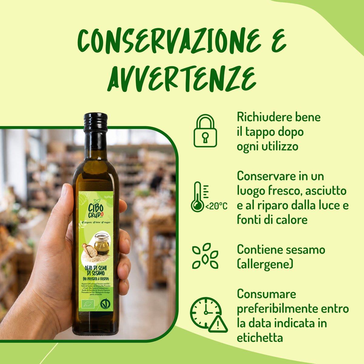 Infografica 'Conservazione e Avvertenze': chiusura, conservazione al fresco, allergene sesamo e consumo entro scadenza