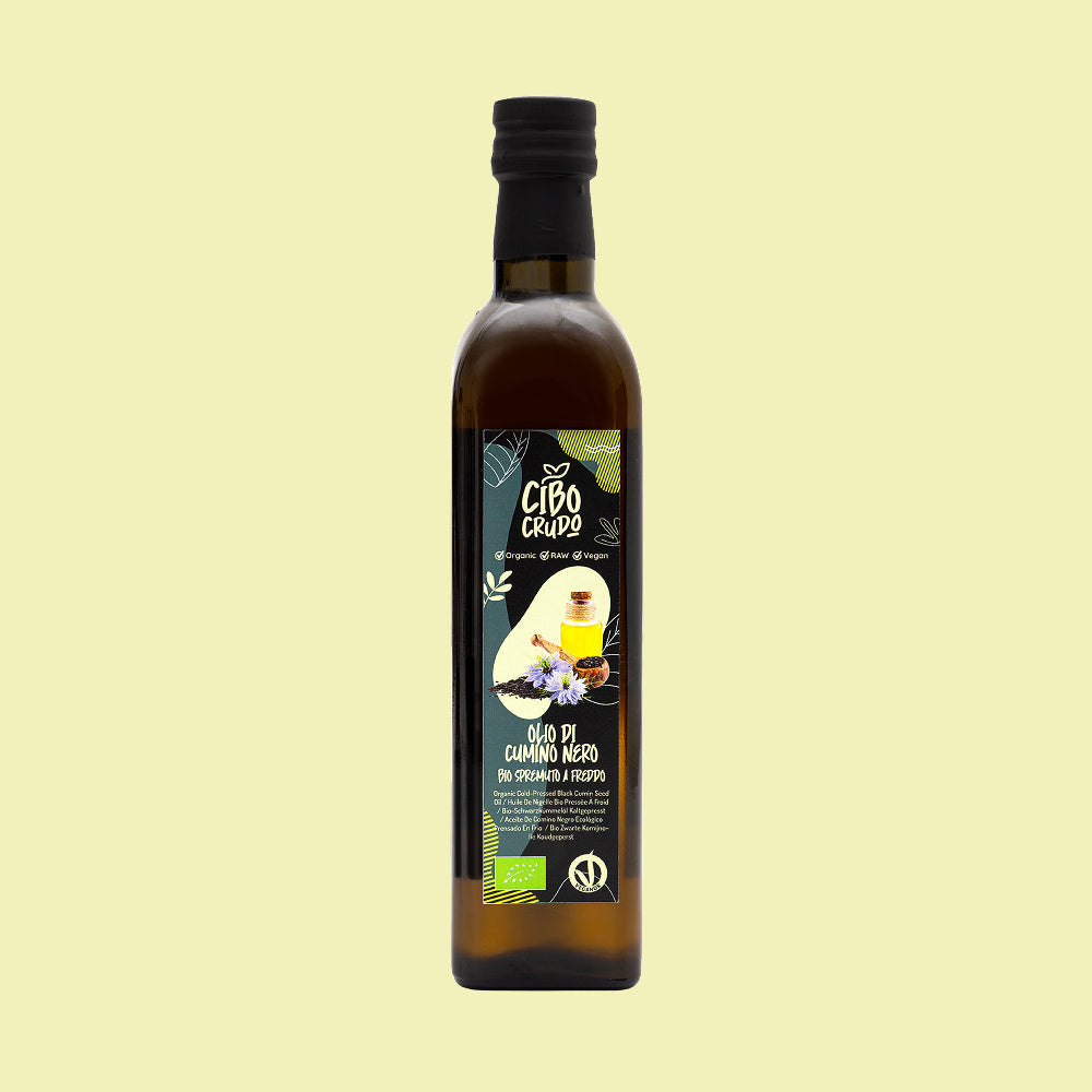Olio di cumino nero biologico Cibo Crudo, bottiglia da 500 ml spremuto a freddo