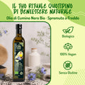 Infografica 'Contiene': chinoni, fenoli, alcaloidi, steroli, saponine, flavonoidi e terpeni, con olio in ciotola