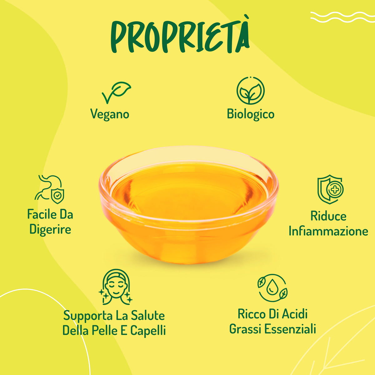 Infografica 'Proprietà': vegano, biologico, facile da digerire, riduce infiammazione, ricco di acidi grassi essenziali