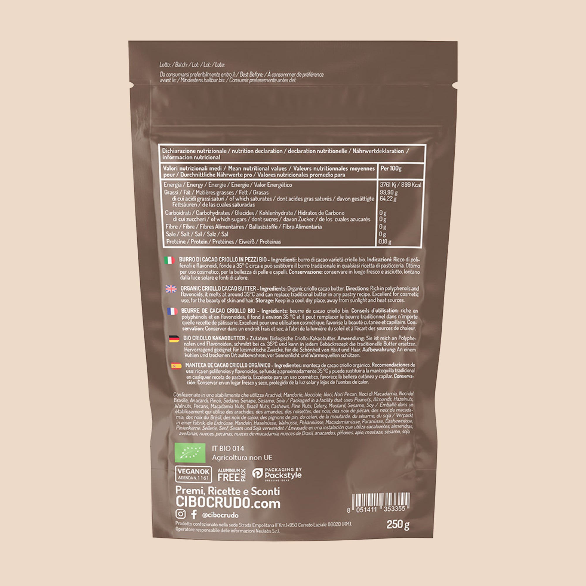 Burro Di Cacao Criollo Tostato In Pezzi Bio