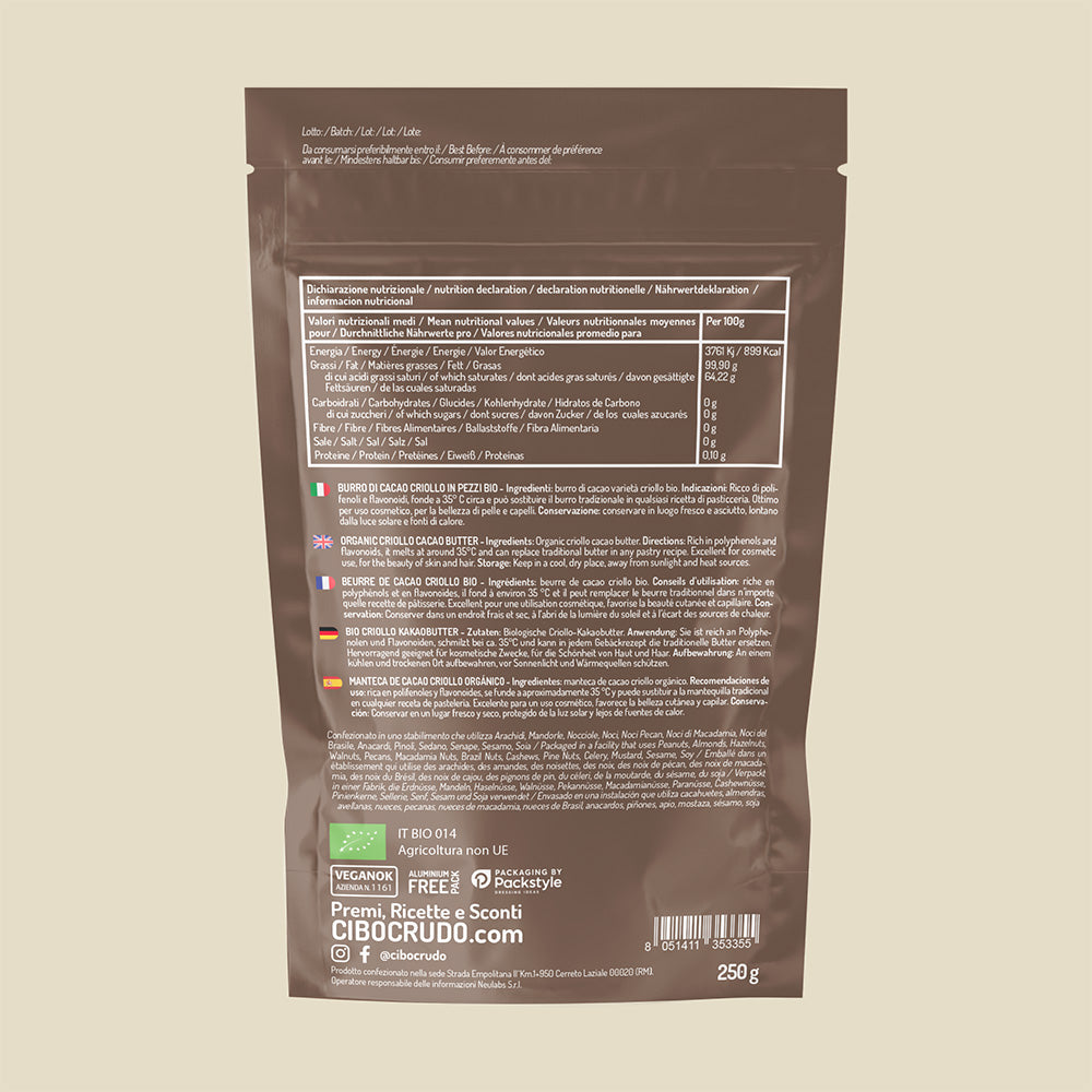 Retro della confezione del Burro di cacao criollo in pezzi Cibo Crudo, con valori nutrizionali e modo d'uso