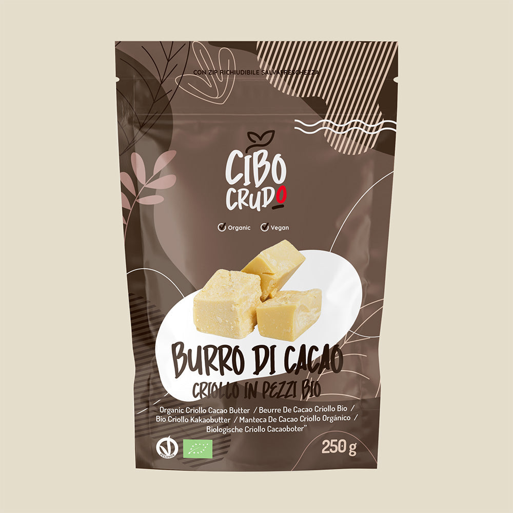 Burro di cacao criollo in pezzi biologico Cibo Crudo, busta da 250 g con blocchi color avorio