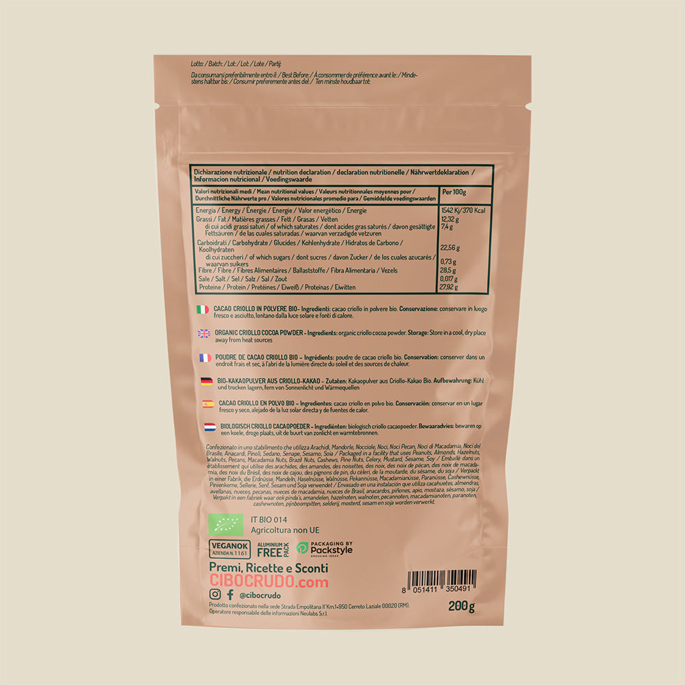 Cacao Amaro In Polvere Criollo Crudo e Bio Puro al 100%