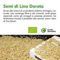 Testo 'Semi di Lino Dorato': prodotto italiano biologico ricco di fibre, sali minerali e omega 3, su primo piano dei semi